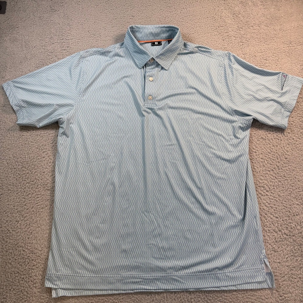 FootJoy Mens XL Blue Geometric Wave Lisle Golf Polo Shirt Glenwild Logo